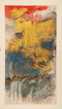 An exhibit from Clouds of Ink, Pools of Colour
Frost on Autumn Mountain
Hou Beiren
2018
Ink and colour on paper
142 x 74 cm
Gift of Hou Beiren
HKU.P.2019.2459
©University Museum and Art Gallery, The University of Hong Kong